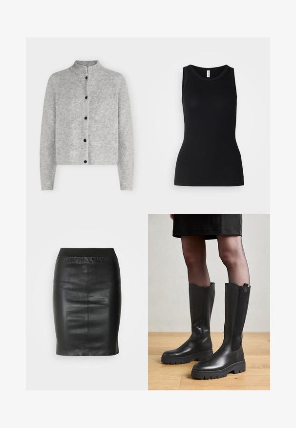 Lysegrå strikket cardigan med lange ærmer og fem sorte knapper foran, med en kort ståkrave.; Sort ærmeløs tanktop lavet af ribbet stof, med rund halsudskæring og tætsiddende design, med en glat overflade og uden mønstre.; Sort pencilsyning lavet af glat læder, med en elastisk talje for en tætsiddende silhuet og minimalistisk design.; Sorte knæhøje støvler med en glat læderoverflade, elastiske sidedele og en kraftig gummisål med et struktureret mønster.