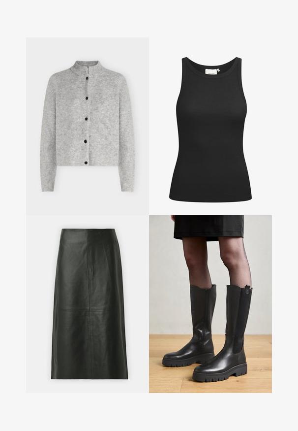 Lichtgrijze gebreide cardigan met lange mouwen en vijf zwarte knopen aan de voorkant, met een korte opstaande kraag.; Zwarte tanktop van ribstof, met een ronde hals en een aansluitende pasvorm. Platte naden en zonder versieringen. Eenvoudig en strak ontwerp.; Zwarte leren midi-rok met een rechte snit. Gladde textuur, minimale naden en een nauwsluitende tailleband. Geen zichtbare zakken of extra details.; Zwarte kniehoge laarzen met een gladleren buitenkant, elastische zijpanelen en een chunky rubberen zool met een gestructureerd profiel.