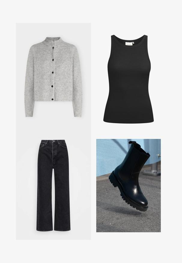 Lichtgrijze gebreide cardigan met lange mouwen en vijf zwarte knopen aan de voorkant, met een korte opstaande kraag.; Zwarte tanktop van ribstof, met een ronde hals en een aansluitende pasvorm. Platte naden en zonder versieringen. Eenvoudig en strak ontwerp.; Zwarte wijde jeans van denim, met een hoge taille, vijf zakken en een rits met knoopsluiting.; Zwarte leren enkellaars met elastische zijpanelen, een afgeronde neus en een dikke, gestructureerde zool. Gladde afwerking met een minimalistisch design.
