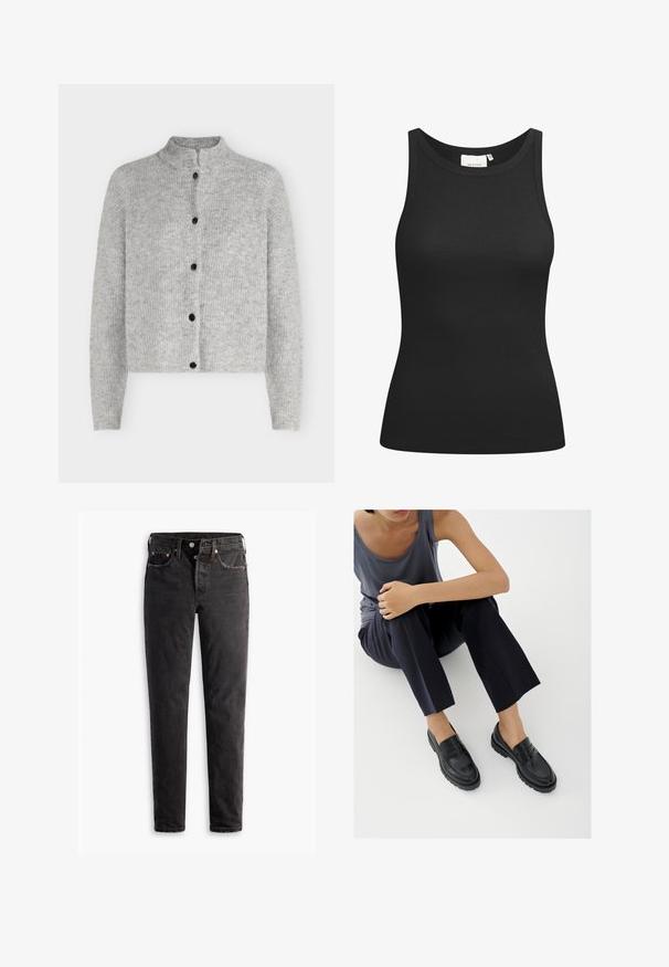 Cárdigan de punto gris claro con mangas largas y cinco botones negros en la parte delantera, con un cuello corto de pie.; Top negro sin mangas hecho de tela acanalada, con un escote en forma de bote y un ajuste ceñido. Costuras planas y sin adornos. Diseño simple y elegante.; Jeans de denim negro con corte recto, que cuentan con cinco bolsillos, herrajes de cobre y una textura ligeramente deslavada.; Mocasines de cuero negro con detalles texturizados, tacón bajo, puntera redonda y costuras visibles. Modelo vistiendo pantalones oscuros y una blusa gris.