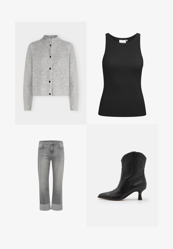 Lysegrå strikket cardigan med lange ærmer og fem sorte knapper foran, med en kort ståkrave.; Sort tanktop lavet af ribbet materiale, med en scooped halsudskæring og en tætsiddende form. Flade sømme og ingen udsmykninger. Enkel og strømlinet design.; Grå denim jeans med lige ben, med foldet kant. Klassisk fem-lommestil og lukning med knap foran.; Sort læder cowboystøvle med spids tå, lav hæl og dekorativ pyntesyning på skaftet og tåområdet. Glat tekstur overalt.