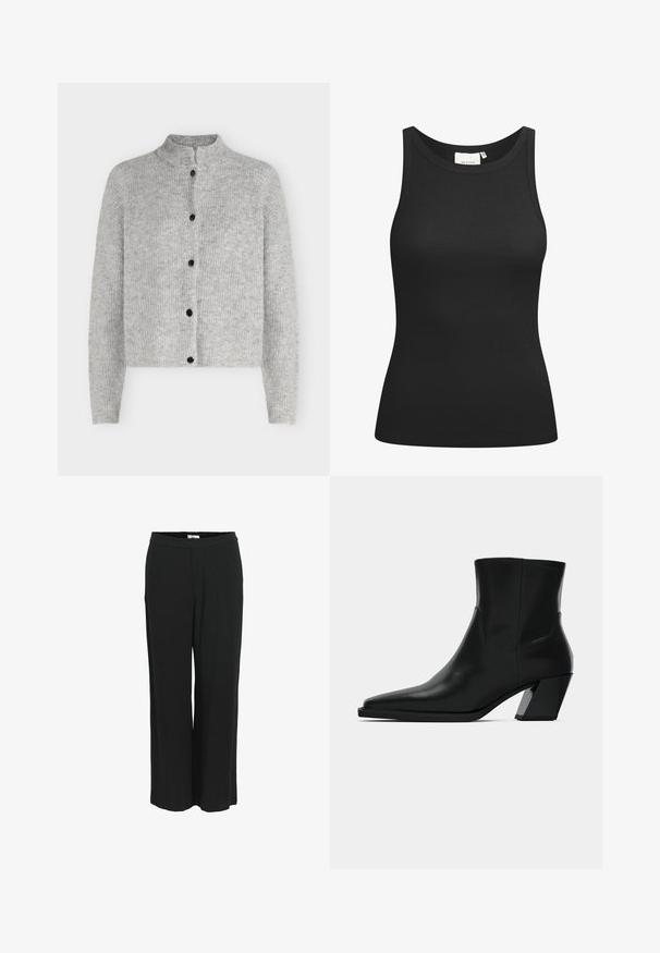 Cardigan tricoté gris clair à manches longues avec cinq boutons noirs sur le devant, avec un col montant court.; Débardeur noir en tissu côtelé, avec un décolleté en forme de rond et une coupe ajustée. Coutures plates et sans ornements. Design simple et épuré.; Pantalons larges noirs en tissu léger. Dotés d'une taille élastique et d'une texture lisse. Pas de poches ni de motifs visibles.; Bottine en cuir noir avec un bout pointu, une silhouette élégante et un talon carré massif. Texture lisse avec des détails de couture minimalistes.