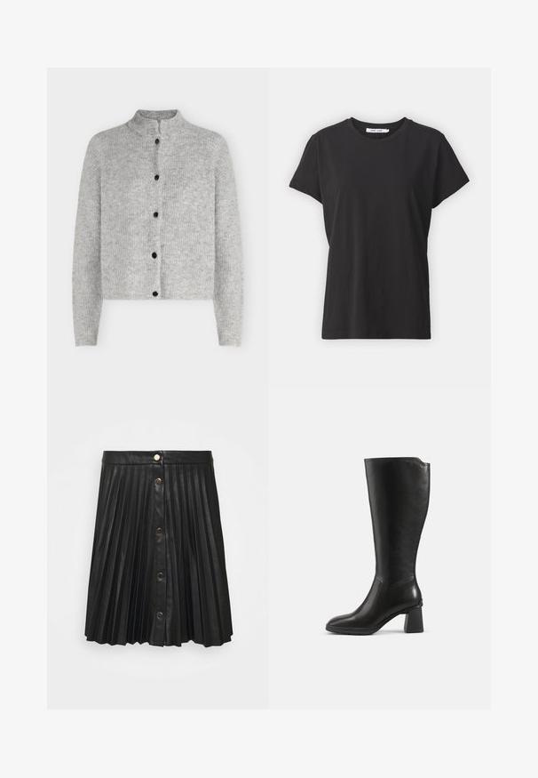Lysegrå strikket cardigan med lange ærmer og fem sorte knapper foran, med en kort ståkrave.; Sort bomulds t-shirt med klassisk rund hals, korte ærmer og afslappet pasform. Glat tekstur, ingen synlige mønstre eller detaljer.; VILA VIAMINA SHORT BUTTON COATED SKIRT - Pliceret nederdel /Nederdele med folder - black; Sort knæhøj læderstøvle med blokhæl og rundet tå, vist fra siden på en ensfarvet baggrund.
