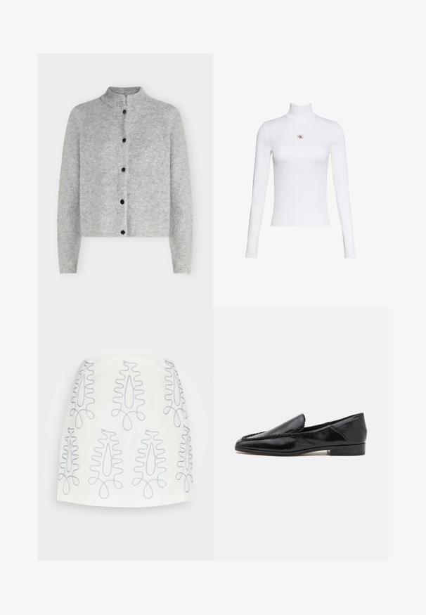 Lysegrå strikket cardigan med lange ærmer og fem sorte knapper foran, med en kort ståkrave.; Hvid langærmet rullekravetop med lille Calvin Klein-logo patch centreret på brystet på en ensfarvet hvid baggrund.; CMEO COLLECTIVE Mini skirts - white; Sorte læder loafers med en glat overflade, der har en syet detalje langs forkanten og en lav, firkantet hæl.