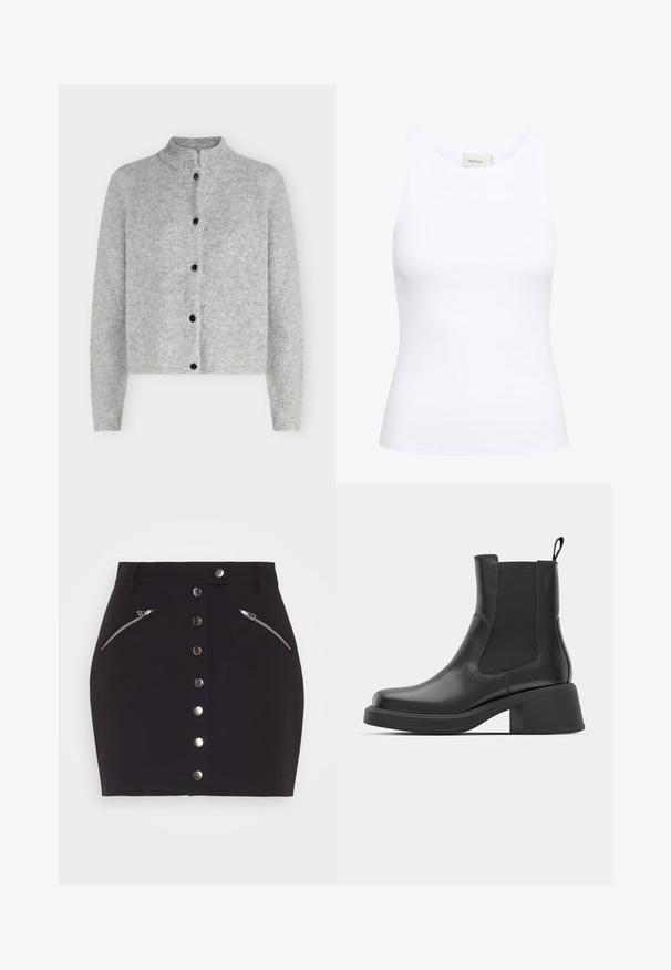 Lysegrå strikket cardigan med lange ærmer og fem sorte knapper foran, med en kort ståkrave.; Hvid ribbet tanktop med rund halsudskæring og uden ærmer. Strækbart stof og tætsiddende design. Etiketten bagpå viser "GESTUZ."; Samsøe Samsøe JOLINA SKIRT - Mini skirts - black; Sorte læder ankelstøvler med elastiske sidepaneler, afrundet tå og en kraftig blokhæl. Glat tekstur med et minimalistisk design.