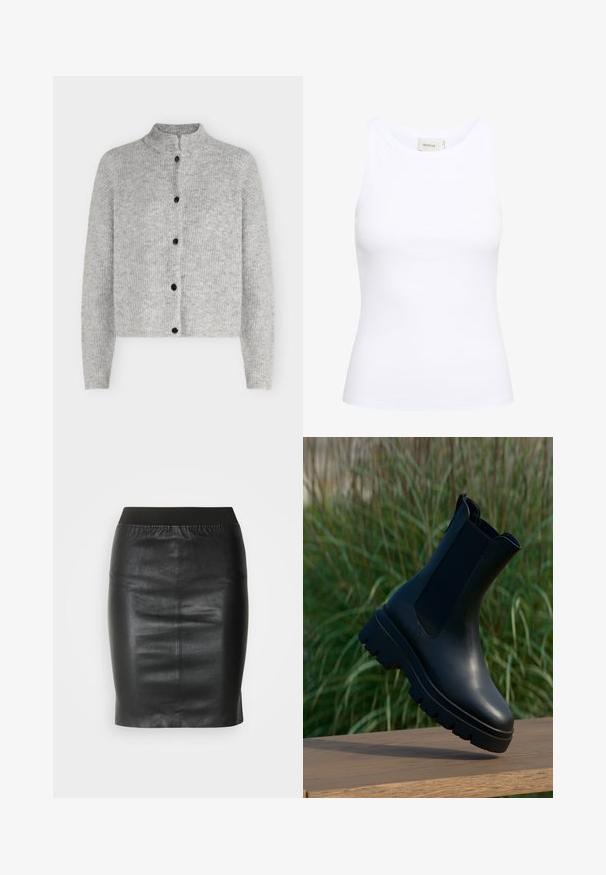 Cardigan tricoté gris clair à manches longues avec cinq boutons noirs sur le devant, avec un col montant court.; Débardeur blanc côtelé avec un col rond et sans manches. Tissu extensible et design ajusté. Étiquette au dos indiquant "GESTUZ."; Jupe crayon noire en cuir lisse, dotée d'une taille élastique pour une silhouette ajustée et un design minimaliste.; Bottes chevilles en cuir noir au design épuré, bout arrondi, panneaux latéraux élastiques et semelles en caoutchouc épaisses et texturées.