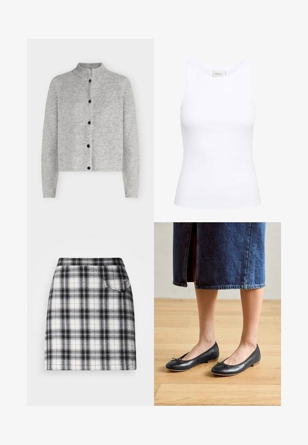 Lichtgrijze gebreide cardigan met lange mouwen en vijf zwarte knopen aan de voorkant, met een korte opstaande kraag.; Witte geribde tanktop met een ronde halslijn en zonder mouwen. Rekbaar materiaal en een aansluitend ontwerp. Het label op de achterkant zegt "GESTUZ."; Geruite rok met een zwart-wit patroon, een slim fit, een rechte snit en een klein achterzakje voor detail. Gemaakt van geweven stof.; Zwarte leren ballerina's met een ronde neus, een klein strikdetail en een lage houten hak, gedragen met een spijkerrok.
