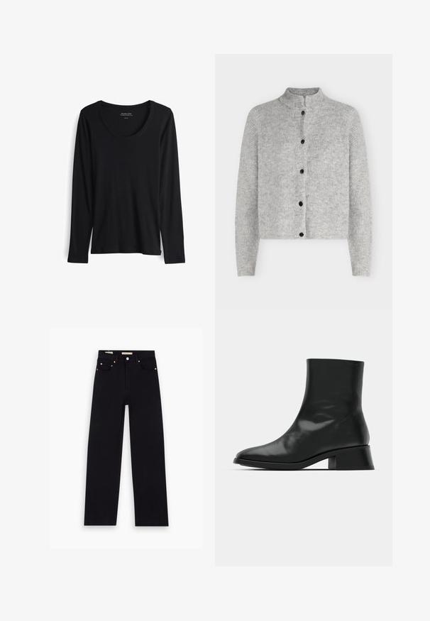 Lichtgrijze gebreide cardigan met lange mouwen en vijf zwarte knopen aan de voorkant, met een korte opstaande kraag.; Zwarte longsleeve t-shirt van zacht, soepel stof. Heeft een ronde halslijn en aansluitende mouwen met een rechte zoom. Minimalistisch ontwerp.; Zwarte denim jeans met een recht model, vijf zakken, koperen hardware en een gladde textuur. Twee labels zichtbaar op de tailleband.; Zwarte enkelboot van glanzend leer, met een slank ontwerp, spitse neus en een gematigde blokhak voor stabiliteit.