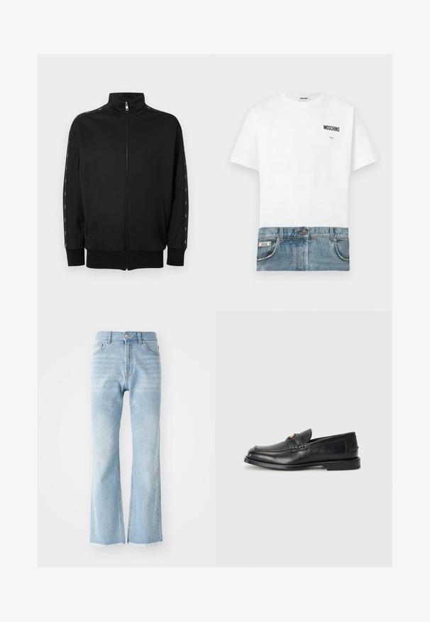 Sort lynlåstræningstrøje med ståkrave, sidelommer, ribstrikkede manchetter og hvide stiplede striber langs ærmerne.; Hvid T-shirt med denimtryk nederst, med lommer og syninger. "Moschino"-logo trykt på øverste venstre side.; Lyseblå denimjeans med høj talje, bred benudskæring og rå kant. Har klassisk fem-lomme design og synlige syninger.; Sorte læder loafers har en afrundet tå, syede detaljer og en lille gylden accent foran. Sålen er flad og diskret.