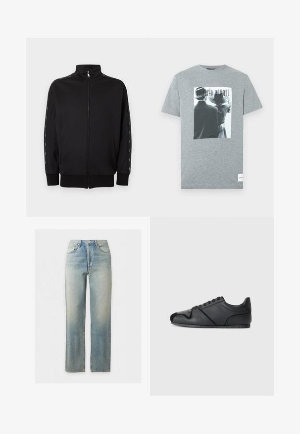 Schwarze Trainingsjacke mit Reißverschluss, Stehkragen, Seitentaschen, gerippten Bündchen und weißen gestrichelten Streifen entlang der Ärmel.; Graues Baumwoll-T-Shirt mit einem schwarz-weißen Grafikdruck von zwei Personen und dem Text "emporio armani" in stilisierter Schrift.; Hellblaue verwaschene Jeans mit geradem Bein, Frontknopf- und Reißverschluss sowie Fünf-Taschen-Design.; Schwarze Sportschuhe mit einem glatten Lederoberteil, subtilen strukturierten Akzenten und einer kontrastierenden schwarzen Wildlederkappe. Mit einer Gummisohle.