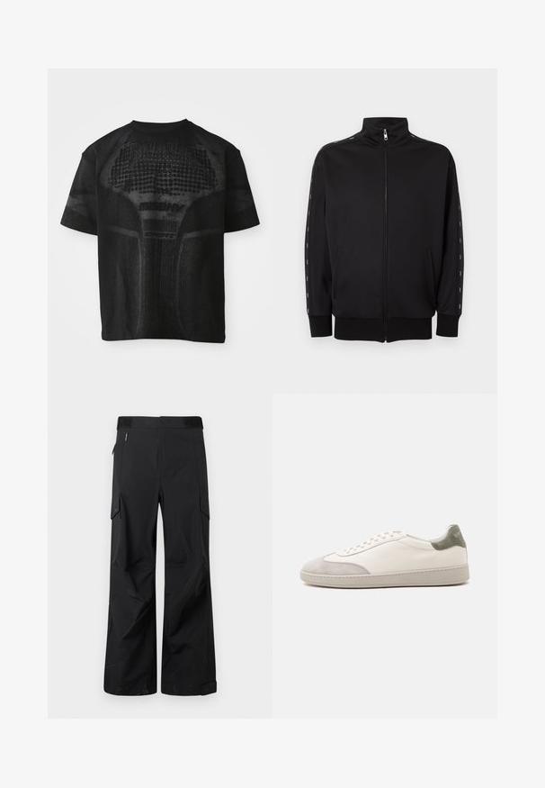 Schwarze Trainingsjacke mit Reißverschluss, Stehkragen, Seitentaschen, gerippten Bündchen und weißen gestrichelten Streifen entlang der Ärmel.; Schwarz, kurzärmliges Sport-T-Shirt mit strukturiertem Muster und dezentem "MISBHV SPORT"-Text auf der Vorderseite.; Schwarze Cargo-Hosen aus einem glatten, wasserabweisenden Stoff. Merkmale sind weit geschnittene Beine, mehrere Seitentaschen und ein flacher Bund mit dezentem Branding.; Weißer niedriger Sneaker mit hellgrauen Wildleder-Akzenten an Zehen und Ferse, weißen Schnürsenkeln und einer flachen beigen Sohle, von der Außenseite gezeigt.