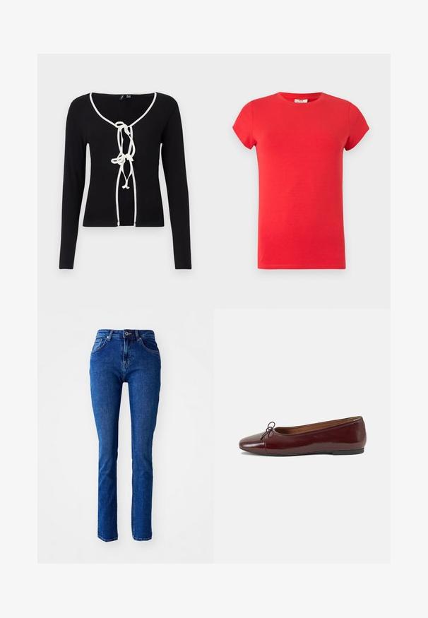 Top negro de manga larga con cuello en V, que presenta un ribete blanco y un cierre decorativo de lazo en la parte delantera. Fabricado en una tela acanalada.; Camiseta roja de manga corta con cuello redondo, corte ajustado, textura suave y sin logotipos ni patrones visibles sobre un fondo claro.; Jeans de mezclilla azul con un corte ajustado, cintura alta, piernas rectas y detalles cosidos. Cuenta con un cierre de botón y cremallera. Sin adornos adicionales.; Bailarina de charol burdeos con punta redonda, pequeño lazo en la parte frontal y una suela baja de goma negra. Textura suave.