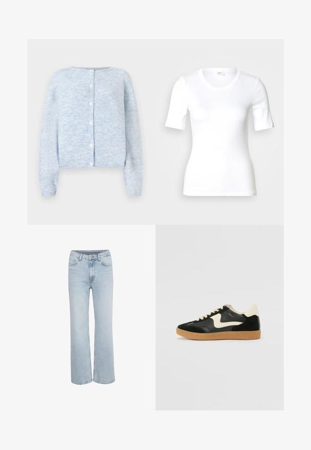 Lys blå cardigan lavet af blødt strikstof, med rund halsudskæring, frontknaplukning og lange ærmer med ribbede manchetter og kant.; Hvid T-shirt med korte ærmer lavet af glat bomuld, med rund halsudskæring og en tætsiddende pasform. Klassisk design uden mønstre eller detaljer.; Lysblå højtaljede denim jeans med brede ben, fremadgående knap- og lynlåslukning samt fem lommer.; Sorte ruskinds- og lædersneakers med en cremefarvet side-swoosh og lys cremefarvet hæl. Har beige snørebånd og en gummirubber-sål.