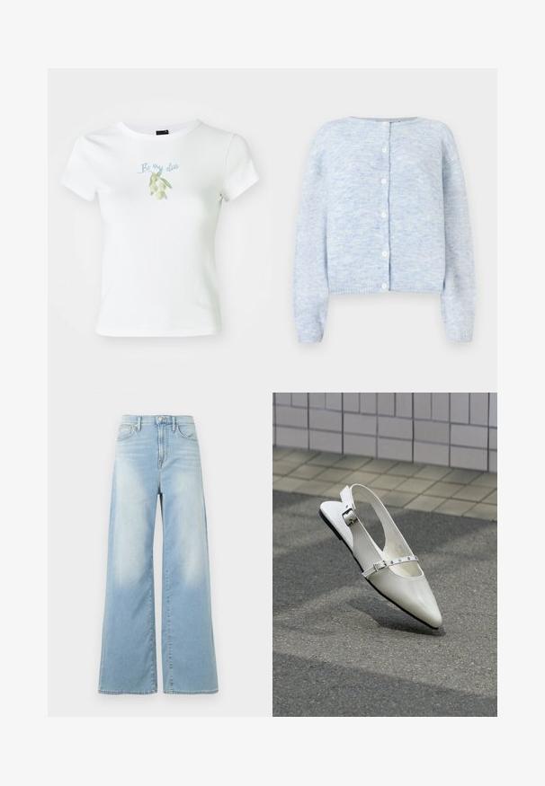 Lys blå cardigan lavet af blødt strikstof, med rund halsudskæring, frontknaplukning og lange ærmer med ribbede manchetter og kant.; Hvid bomulds t-shirt med rund halsudskæring, korte ærmer og et grønt olivenmotiv med teksten "Be my olive" i lys blå.; Lyseblå jeans med vide ben og høj talje, forrest med knapper og lommer, vist mod en hvid baggrund.; Hvid spids slingback flad sko med to sølvspænder, vist udendørs på tekstureret underlag og flisebelagt væg baggrund.