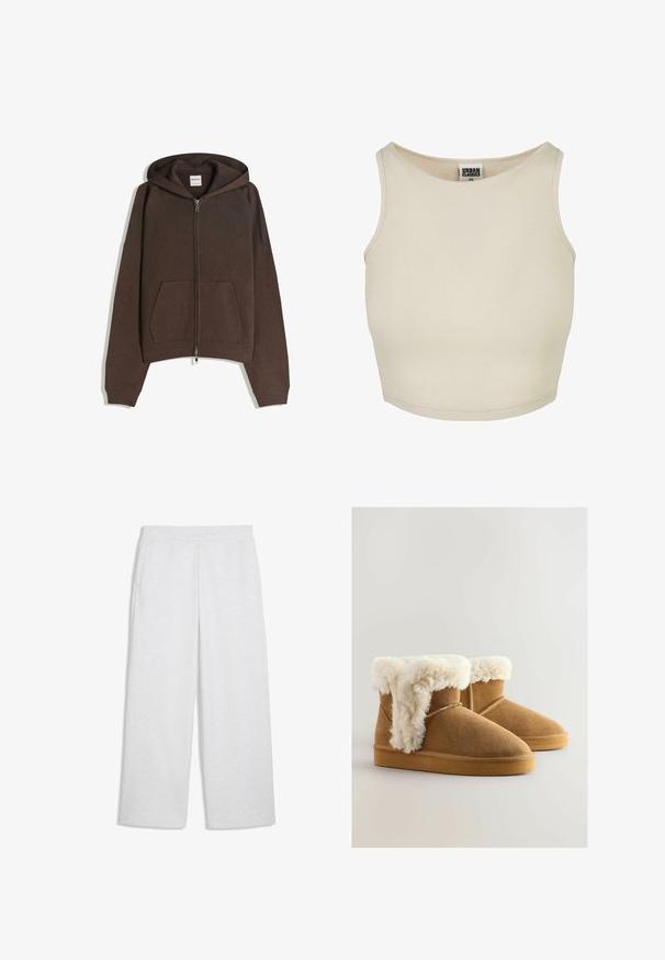 Brun zip-up hoodie lavet af blødt stof med hætte, frontlommer og ribbede manchetter. Har et enkelt design og en afslappet pasform.; Beige ribbet crop top med rund halsudskæring og ærmeløs design. Har en ensfarvet tekstur og en diskret mærkeetiket inde i halsen.; Lysegrå joggingbukser med elastisk taljebånd, sidelommer, vide ben og lille hvid Puma-logo på højre lår.; Brune ruskinds ankelstøvler med en fluffy, hvid fake fur-kant, rund tå og flad gummisål. Syninger langs siderne.