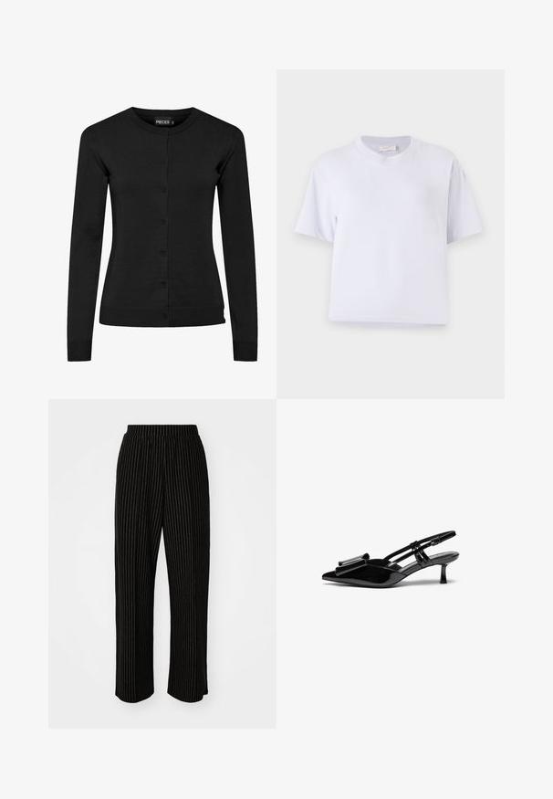 Cardigan noir à manches longues en maille, doté d'un col rond, d'une fermeture à boutons et de bords côtelés aux poignets et à l'ourlet. Aucun motif ni accent.; T-shirt en coton blanc avec une coupe décontractée, des manches courtes, un col rond et sans motifs ni embellissements visibles. Texture lisse.; Pantalons larges noirs avec des rayures verticales blanches, dotés d'une taille élastique pour le confort et d'une texture lisse et douce.; Talons aiguilles en cuir verni noir avec un bout pointu, un détail en nœud à l'avant et un petit talon stiletto. Les brides sont équipées de boucles ajustables.