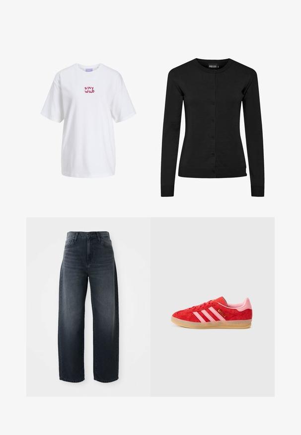 Sort cardigan med lange ærmer lavet af strikket materiale, med rund halsudskæring, knapfront og ribbede manchetter og kant. Ingen mønstre eller detaljer.; Hvid kortærmet t-shirt med løs pasform og lilla "STAY WILD" tekst trykt på frontens midte.; Vidde bukser i mørk denim med høj talje, klassisk knap- og lynlåslukning, samt subtil falming langs forsiden.; Rød ruskindssneaker med pink detaljer og tre hvide striber; gummisål; broderet tekst på siden og hælen. Klassisk atletisk design.
