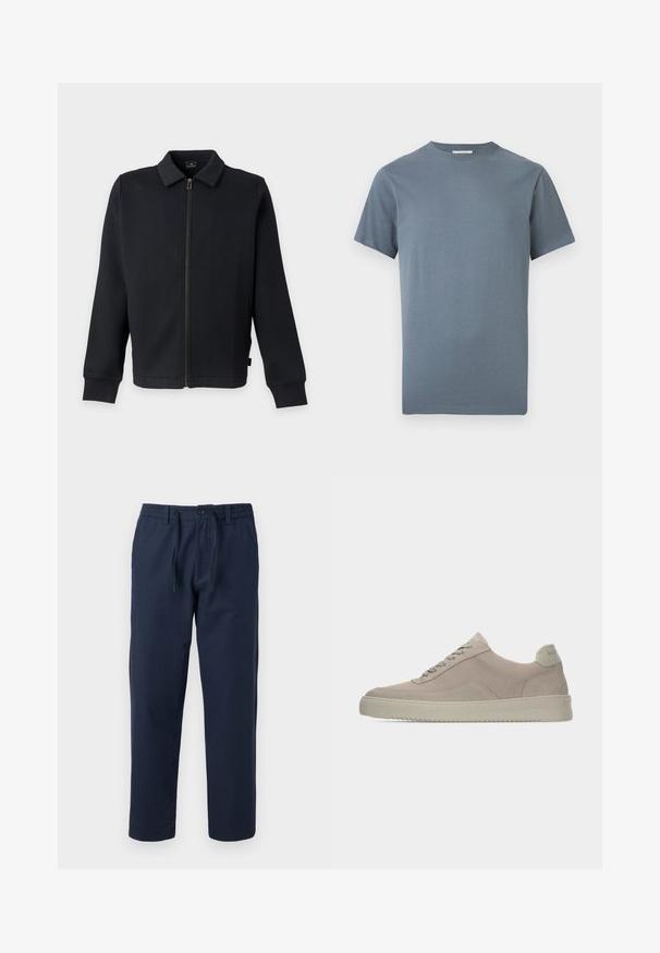 Veste noire zippée avec col et manches longues, avec poches latérales et fermeture éclair frontale.; T-shirt à manches courtes et col rond en bleu doux avec une broderie discrète du logo sur le devant, design uni et tissu en coton lisse.; Pantalon bleu marine droit avec taille élastique, fermeture par bouton et cordon à l'avant, adapté pour un usage décontracté.; Baskets en daim beige avec une finition texturée, un bout arrondi et des lacets ton sur ton. Elles présentent une semelle en caoutchouc épaisse et un branding discret sur le talon.