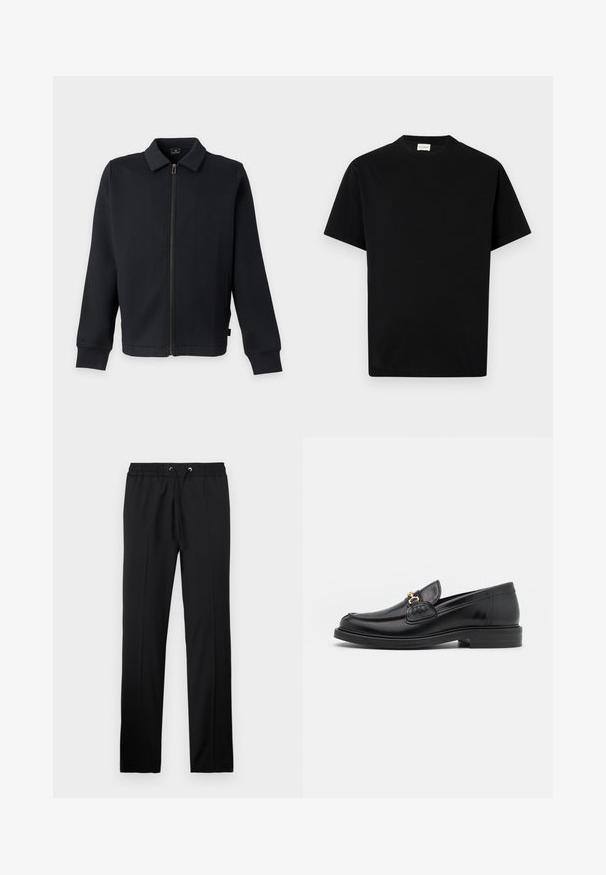 Chaqueta negra con cremallera, cuello y mangas largas, con bolsillos laterales y cierre frontal con cremallera.; Camiseta de algodón negra con cuello redondo, mangas cortas y corte recto. Sin patrones visibles ni detalles de hardware.; Iceberg PANTALONI - Pantalones - nero; Mocasines de cuero negro con punta redondeada, que cuentan con un detalle de herrajes dorados y costuras, situados sobre una suela de goma texturizada y baja.