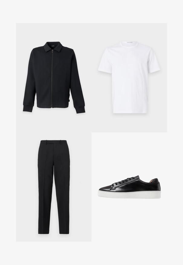 Sort lynlåstrøje med krave og lange ærmer, med sidelommer og lynlåslukning foran.; Hvid bomulds t-shirt med rund halsudskæring og korte ærmer. Glat tekstur, lige snit og minimalistisk design uden mønstre eller accenter.; Theory STRAIGHT - Bukser - deep black; Sorte lædersneakers med en glat finish, der har en hvid gummisål, snøreføring og minimalistiske designaccenter.