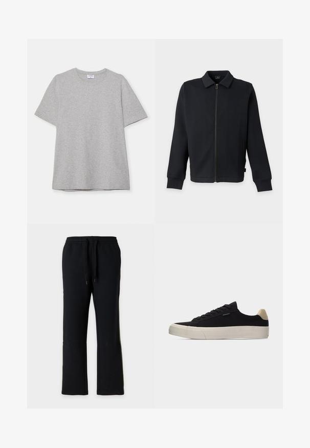 Veste noire zippée avec col et manches longues, avec poches latérales et fermeture éclair frontale.; T-shirt gris à manches courtes fabriqué en tissu doux et texturé. Présente un col rond classique et un ourlet droit, idéal pour une tenue décontractée.; Pantalon de jogging noir à coupe droite avec taille élastique et cordons noirs, présenté sur un fond gris clair uni.; Baskets basses noires avec languette beige au talon, semelle en caoutchouc blanche épaisse, lacets noirs et petite étiquette "PS Paul Smith" sur le côté.