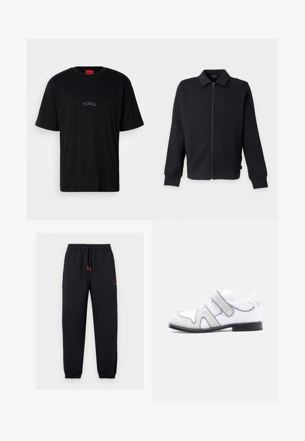 Sort lynlåstrøje med krave og lange ærmer, med sidelommer og lynlåslukning foran.; Sort kortærmet T-shirt med "HUGO" broderet i små, stiliserede bogstaver på brystet og en rød etiket indeni kraven.; Sorte joggerbukser med elastisk linning og manchetter, røde snøretipper, og lille rød Jumpman-logo på øvre venstre lår.; Hvid læder- og grå ruskindssko med sort sål og en enkelt bred velcrolukning på siden.