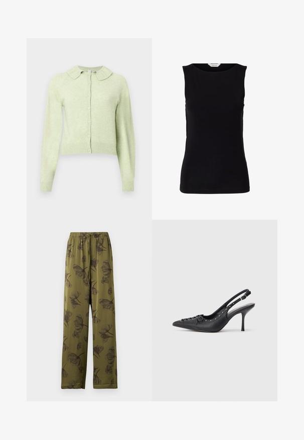 Cárdigan de manga larga color verde claro con botones, con un cuello suave con volantes y puños y dobladillo acanalados.; Top negro sin mangas ajustado con escote redondo y etiqueta de marca blanca dentro del cuello.; Pantalones de pierna ancha verde oliva con cintura elástica y patrón de flores negras.; Sandal de tacón stiletto negro de cuero con punta afilada, correa lateral con hebilla, tachuelas a lo largo del borde y cordones decorativos en la parte delantera.