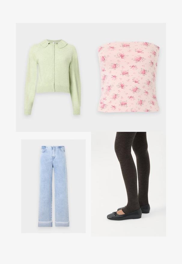 Cardigan vert clair à manches longues avec boutons, col doux à volants et poignets et ourlet côtelés.; Haut bustier rose clair avec un motif dispersé de petits bouquets floraux roses et rouges avec des feuilles vertes.; Jean large bleu clair avec revers roulés et poches avant, présenté sur un fond gris clair uni.; Jambes portant des leggings côtelés foncés associés à des ballerines noires avec de petits détails en nœud sur fond blanc.