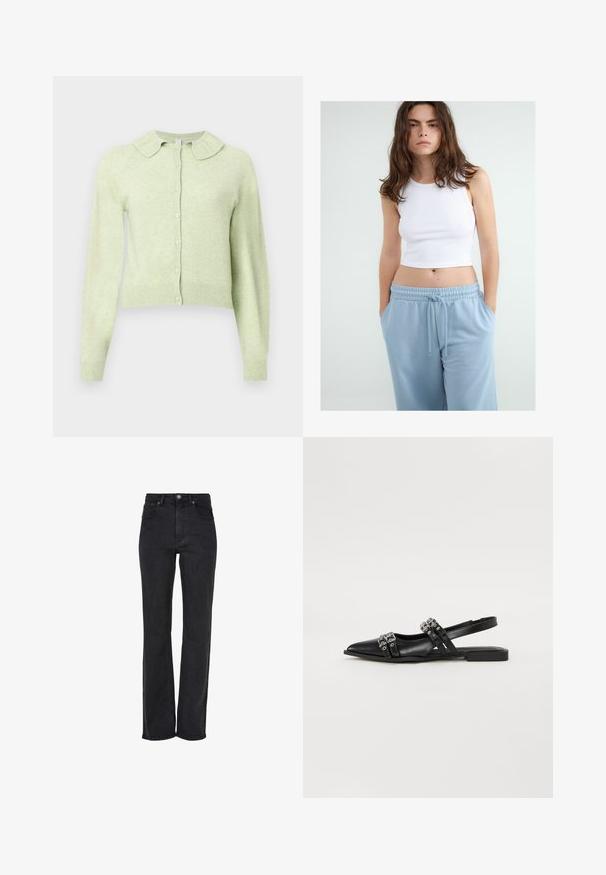 Lysegrøn langærmet cardigan med knapper, blød flæsekrave samt ribbede manchetter og kant.; Ung kvinde iført en hvid ærmeløs crop top og lyseblå snøre-bukser med hænderne i lommerne foran en ensfarvet baggrund.; Sorte straight-leg jeans, højtaljede, lavet af denim, med en frontlukning med knap og fem-lomme design med subtile syninger.; Even&Odd Slingback-ballerinasko - black