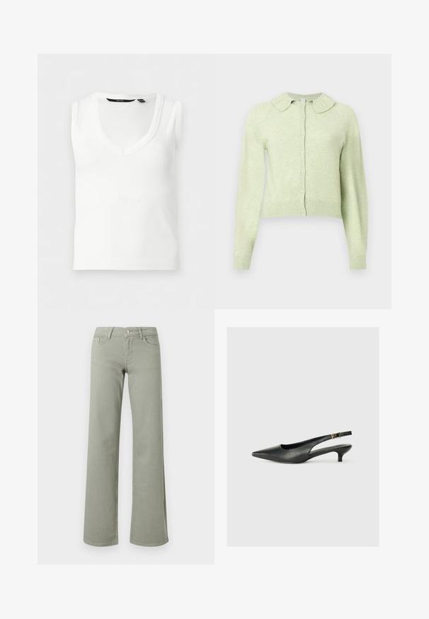 Cardigan vert clair à manches longues avec boutons, col doux à volants et poignets et ourlet côtelés.; Haut sans manches blanc côtelé avec col en V et une petite encoche au niveau du col, présenté sur un fond clair uni.; Pantalon droit taille haute vert clair avec ceinture, bouton, fermeture éclair, et poches avant et arrière sur fond blanc.; Chaussure slingback noire à bout pointu en cuir lisse. Présente un talon fin et un détail de boucle sur la sangle réglable.
