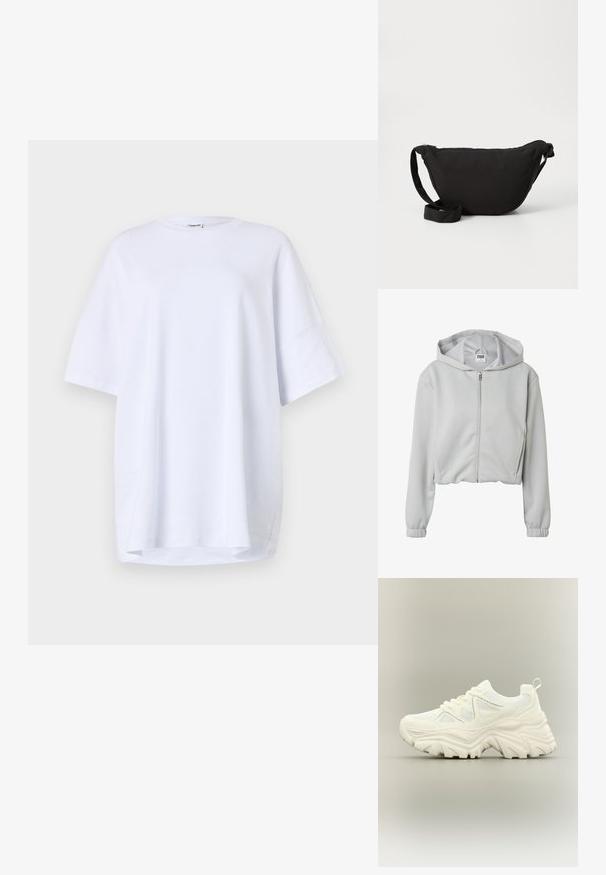 Hellgrauer Kapuzenpullover mit Reißverschluss, Kapuze, langen Ärmeln, elastischen Bündchen und Frontreißverschluss, mit einem kleinen Urban Classics Etikett auf der Innenseite.; Oversized, kurzärmliges weißes T-Shirt aus Baumwolle. Runder Halsausschnitt, Seitenschlitze am Saum und glatte Textur ohne sichtbare Muster oder Akzente.; Weißer klobiger Sneaker mit dicker strukturierter Sohle, Mesh-Einsätzen, Schnürung vorne und Zuglasche an der Ferse auf neutralem Hintergrund.; Schwarze Hobo-Tasche aus weichem Stoff, mit einer geschwungenen Form, einem Reißverschluss und einem breiten, verstellbaren Tragegurt. Glatte Textur ohne Muster.