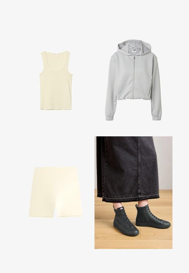 Sweat à capuche gris clair zippé avec capuche, manches longues, poignets élastiques et fermeture éclair frontale, avec une petite étiquette Urban Classics à l'intérieur.; Débardeur sans manches couleur crème avec encolure dégagée et coutures simples, présenté sur un fond blanc.; Shorts sans couture couleur crème taille haute avec une ceinture en forme de V et une longueur mi-cuisse, présentés sur fond blanc.; Personne portant des baskets en cuir montantes noires avec une fermeture éclair sur le côté et des lacets, se tenant sur un parquet, sous une jupe sombre de longueur mi-cuisse.