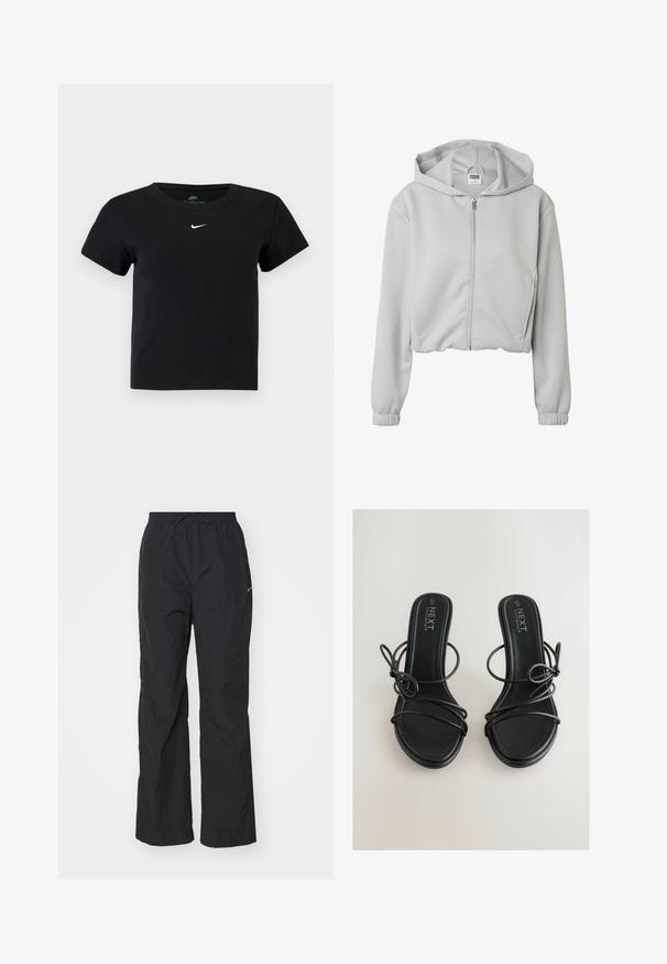 Lysegrå hættetrøje med lynlås, hætte, lange ærmer, elastiske manchetter og lynlås foran, med et lille Urban Classics-mærke indeni.; Sort ribbet t-shirt med korte ærmer, der har et lille hvidt Nike-logo på brystet og en rund halsudskæring.; Sorte, letvægtsbukser med elastisk talje og snøre. Har en tekstureret overflade og et lille reflekterende logo på siden.; Sorte hælede sandaler med flere tynde stropper, afrundede tæer og en glat mat finish. Logo prægede på indersålen. Størrelse 40.