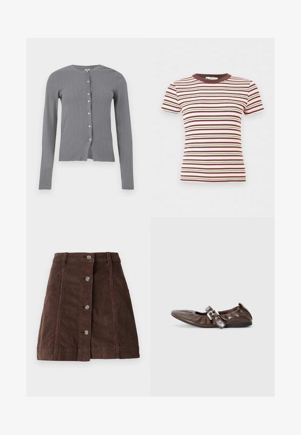 Grå cardigan med lange ærmer, knapper, subtile lodrette ribstrik- og hulmønstre, rund hals og hvide knapper ned gennem midten foran.; Kortærmet ribstrikket t-shirt med vandrette striber i pink, brun og creme, med en brun rund hals.; Brun kordfløjl A-formet nederdel med frontknaplukning og sidelommer, der har bæltestropper og vertikale sømdetaljer.; Brun lakeret flad sko med spids tå, elastisk sløjfedetalje og en sølvspændeaccent på siden. Sort gummisål.