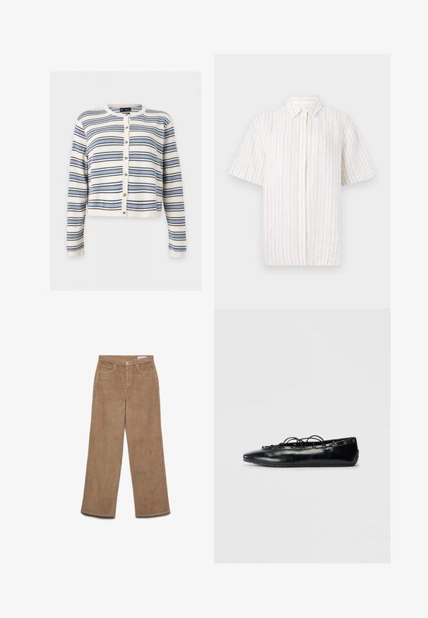 Hvid cardigan med lange ærmer, blå og sorte vandrette striber, knaplukning foran, rund hals og ribstrikkede manchetter og kant.; Kortærmet skjorte med knapper i lys beige med fine lodrette striber. Fremstillet af letvægtsstoffer med klassisk krave og lige kant.; Vidbenede kordfløjlsbukser i brun. Har et tekstureret stof, fem lommer og lukning med knap. Lige pasform fra hofte til kant.; Sort spids flad sko med snørebånd foran og øjet detaljer langs kanterne, vist på en hvid baggrund.