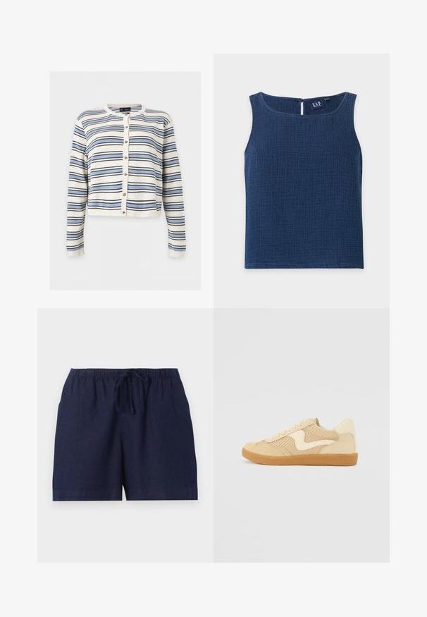 Cardigan blanc à manches longues avec rayures horizontales bleues et noires, devant boutonné, col rond et poignets et ourlet côtelés.; Haut bleu marine texturé sans manches avec encolure ronde et petite fermeture à bouton dans le dos, étiquette de marque visible à l'intérieur.; Shorts décontractés bleu marine avec taille élastique et cordon réglable, fabriqués en tissu léger.; Sneaker beige avec des matériaux en daim et en maille, forme arrondie, col rembourré proéminent et semelle en caoutchouc gomme. Présente un accent de design en forme de vague.