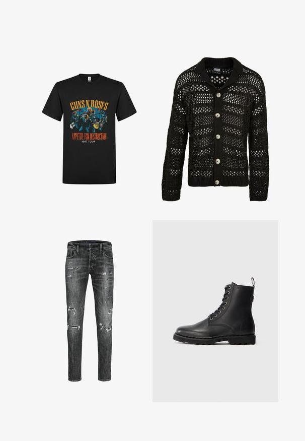 Sort cardigan med et strikket, hulmønster. Har krave, lange ærmer og seks store, runde knapper ned foran.; Sort bomulds t-shirt med et farverigt grafisk print af bandmedlemmerne, med teksten "Guns N' Roses Appetite for Destruction 1987 Tour."; Jack & Jones Slim fit JJIGLENN JJBLAIR GE 402 - Jeans Slim Fit - grey denim; Sort læder ankelstøvle med rund tå, snøredesign og metaløjer. Har en tekstureret sål og en pull-tab ved hælen for nem påtagning.
