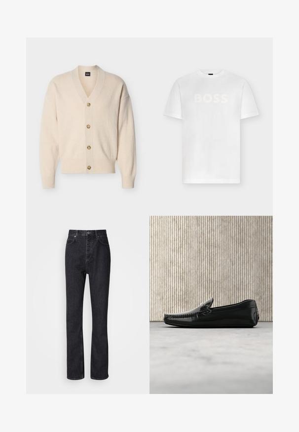 Cardigan beige en maille avec col en V, manches longues, poignets et ourlet côtelés, et quatre boutons marron clair sur le devant.; T-shirt blanc à manches courtes et col rond avec le mot "BOSS" imprimé en grandes lettres blanches discrètes sur la poitrine.; Jean en denim noir taille haute avec fermeture à bouton et à glissière, poches avant et arrière, et coupe droite.; Mocassins en cuir noir avec une finition brillante, bout rond et quincaillerie décorative à l'avant. Semelle en caoutchouc à profil bas. Texture lisse.