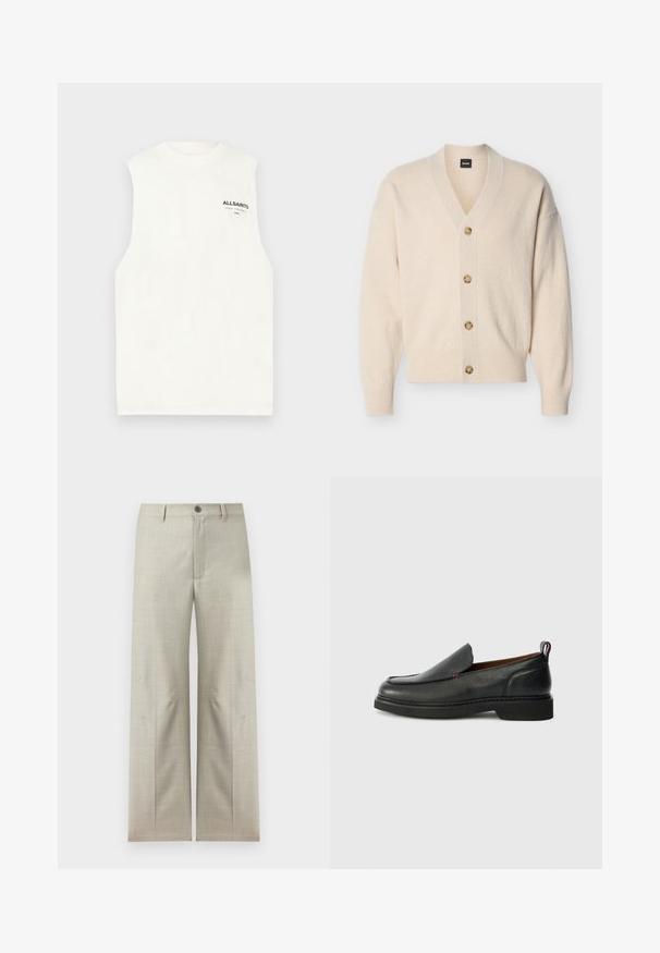 Cardigan beige en maille avec col en V, manches longues, poignets et ourlet côtelés, et quatre boutons marron clair sur le devant.; T-shirt blanc sans manches avec col rond et petit logo noir AllSaints sur le haut gauche de la poitrine.; Pantalon formel beige clair à jambes droites, fermeture avec bouton et fermeture éclair, passants pour ceinture, présenté sur un fond blanc.; Chaussure slip-on en cuir noire avec un bout rond, un dessus texturé, des coutures rouges contrastantes et un petit talon. Présente une languette en boucle.