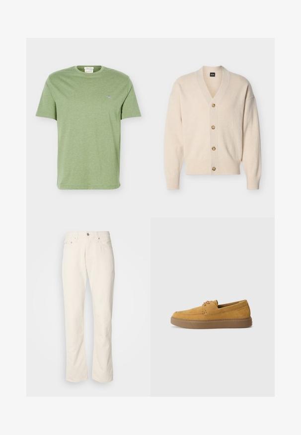 Cardigan beige en maille avec col en V, manches longues, poignets et ourlet côtelés, et quatre boutons marron clair sur le devant.; T-shirt en coton vert clair à manches courtes, col rond et petit logo brodé sur la poitrine gauche.; Jeans en coton beige avec un design classique à jambe droite, comportant une fermeture à bouton à l'avant, cinq poches et des détails de couture subtils.; Chaussures slip-on en suède marron avec une finition texturée, un bout rond et une semelle en caoutchouc contrastante. Présente une marque discrète près du talon.