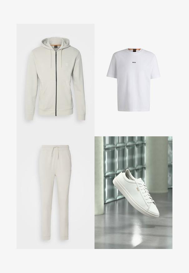 Sudadera de cremallera gris claro en tejido suave. Cuenta con una cremallera negra, capucha ajustable con cordones y dos bolsillos frontales con un logo minimalista.; Camiseta de algodón blanca de manga corta, con un logotipo negro "BOSS" centrado en el pecho y un diseño de cuello redondo.; Pantalones deportivos de color beige claro, hechos de una suave tela texturizada. Cuentan con una cinturilla con cordón, puños acanalados y bolsillos laterales. Ajuste entallado.; Zapatilla deportiva de piel blanca de corte bajo con cordones, lengüeta negra en el talón y logo "BOSS", flotando en interiores cerca de una pared de bloques de vidrio y suelo pulido.