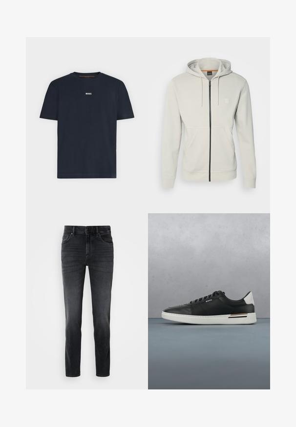 Sudadera de cremallera gris claro en tejido suave. Cuenta con una cremallera negra, capucha ajustable con cordones y dos bolsillos frontales con un logo minimalista.; Camiseta azul marino de manga corta y cuello redondo con pequeño logo blanco "BOSS" centrado en el pecho.; Jeans de mezclilla negros con un corte ajustado, que presentan una cintura de altura media, diseño clásico de cinco bolsillos y un ligero desgaste en las piernas.; Zapatilla de cuero negra con suela blanca, cuenta con perforaciones, diseño de cordones, logo en el costado y detalle del talón en blanco y marrón.