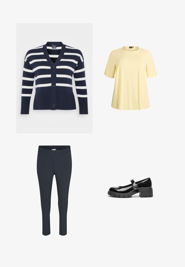 Cárdigan a rayas en azul marino y blanco con escote en V, seis botones, dobladillo y puños acanalados, y bolsillos frontales. Hecho de material de punto suave.; Camiseta de manga corta de color amarillo claro con cuello redondo y ajuste holgado, confeccionada en un material suave y liso. Presenta un diseño limpio y minimalista.; Pantalones de color azul marino, ajustados, con una textura suave, que presentan pliegues en la parte delantera y una cinturilla elástica para mayor comodidad.; Zapato Mary Jane de charol negro con tacón grueso, puntera redondeada y una correa que presenta un detalle de hebilla en forma de corazón.