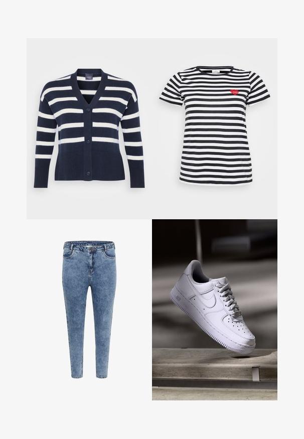 Marineblauwe en witte gestreepte cardigan met een V-hals, zes knopen, ribbelzoom en -manchetten en voorzakken. Gemaakt van zachte breimateriaal.; Zwart-wit gestreepte T-shirt met een ronde hals en korte mouwen, voorzien van een kleine rode hartborduursel op de linkerkant van de borst.; Blauwe denim skinny jeans met een hoge taille, vijf zakken en een ritsluiting. De stof heeft een licht vervaagde textuur met contrasterende stiksels.; Witte Nike Air Force 1 sneaker die zweeft boven een betonnen oppervlak met schaduwen in een minimalistische setting.