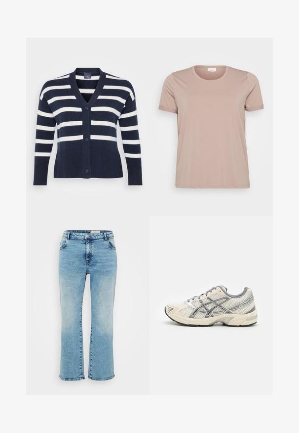 Cárdigan a rayas en azul marino y blanco con escote en V, seis botones, dobladillo y puños acanalados, y bolsillos frontales. Hecho de material de punto suave.; Camiseta de manga corta de color rosa claro con cuello redondo y mangas enrolladas, hecha de una tela suave y lisa. Sin patrones ni acentos visibles.; Vaqueros de mezclilla azul claro con corte recto, que cuentan con un cierre de botón, cinco bolsillos y un ligero desgaste en las rodillas.; Zapatos de correr con una parte superior de malla blanca transpirable, acentos plateados, cordones grises y una suela de goma negra duradera. Diseño ligero y acolchado.