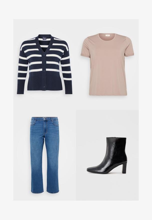 Cardigan rayé bleu marine et blanc avec un col en V, six boutons, ourlets et poignets côtelés, et poches avant. Fabriqué en matériau tricoté doux.; T-shirt court à manches courtes de couleur rose clair avec un col rond et des manches repliées, fabriqué dans un tissu lisse et doux. Pas de motifs ou d'accents visibles.; Jean en denim bleu avec une coupe droite, présentant une fermeture à bouton, un design classique à cinq poches et une texture légèrement décolorée au niveau des cuisses.; Bottine noire en cuir brillant, avec un bout pointu et un talon carré moyen, présentant une texture lisse et un design simple.