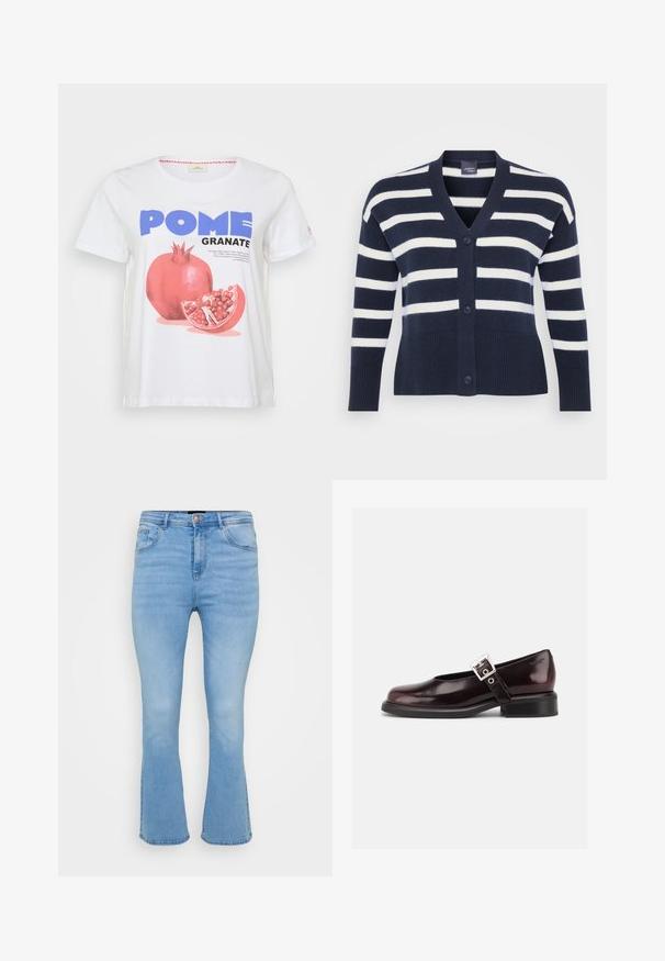 Marineblå og hvid stribet cardigan med V-hals, seks knapper, ribbet bund og manchetter samt forlommer. Lavet af blødt strikket materiale.; Hvid bomulds T-shirt med en stor grafisk tryk af et granatæble, med ordene "POME GRANATE" i blå og sort. Korte ærmer.; Lyseblå flagrende jeans i denim af bomuld. Features høj talje, fem lommer og synlige sømme langs sømme og kant.; En enkelt blank mørk burgunder Mary Jane sko med bred rem og sølvspænde, lav blokhæle og rundet tå på hvid baggrund.