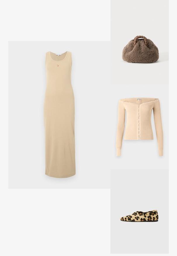 Beige geribbelde off-shoulder cardigan met lange mouwen en een rij kleine iriserende knopen aan de voorkant en langs de halslijn.; Beige mouwloze maxi-jurk met een ronde halslijn en een klein geborduurd vosslogo in het midden op de borst.; Luipaardprint platte schoenen van zacht bont, met een puntige neus en een lage profiel. Natuurlijke tinten met zwarte accenten.; Kleine bruine fuzzy handtas met gevlochten leren handvatten op een effen lichte achtergrond.