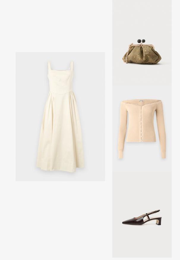Μπεζ ριμπ πλεκτή ζακέτα τύπου off-shoulder με μακριά μανίκια και μια σειρά από μικρά ιριδίζοντα κουμπιά κατά μήκος του εμπρός μέρους και γύρω από το ντεκολτέ.; Αμάνικο κρεμ midi φόρεμα με τετράγωνο ντεκολτέ, εφαρμοστή μπλούζα και πλισέ φούστα σε σχήμα Α σε ανοιχτό φόντο.; Σκούρο καφέ δερμάτινο παπούτσι slingback με υφή κροκόδειλου, μυτερή μύτη, χαμηλό τακούνι και ρυθμιζόμενο λουράκι με χρυσή αγκράφα.; Μικρό τσαντάκι χειρός με γεωμετρικό σχέδιο σε χρυσό και μαύρο, πλαίσιο από μεταλλικό χρυσό, μαύρο κούμπωμα σε σχήμα μπάλας και κοντή χρυσή αλυσίδα.
