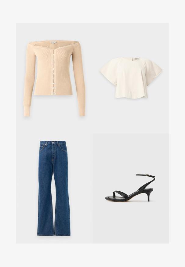 Cardigan beige côtelé à épaules dénudées avec manches longues et une rangée de petits boutons irisés sur le devant et le long de l'encolure.; Blouse crème à manches courtes, manches larges et col rond, posée à plat sur un fond gris clair.; Jean flare en denim bleu avec taille haute, comportant cinq poches, une fermeture à bouton en métal argenté et des accents de couture visibles.; Sandale pour femme en cuir noir avec fines lanières, une boucle d'orteil, une boucle à la cheville et un talon aiguille de hauteur moyenne sur un fond neutre.